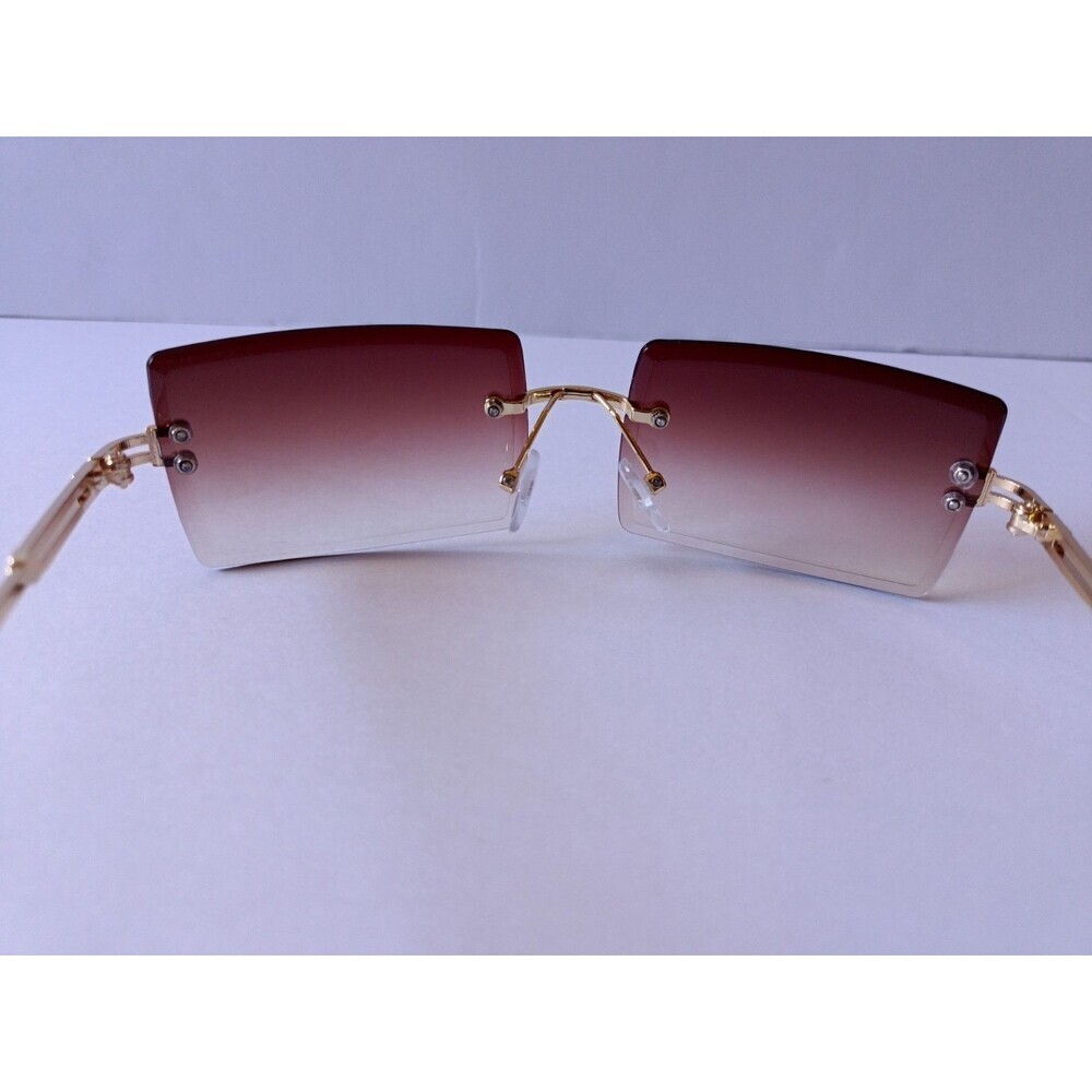 Rimless Rectangular Sunglasses Brown Tint Unisex Metal Frame - Picture 6 of 7